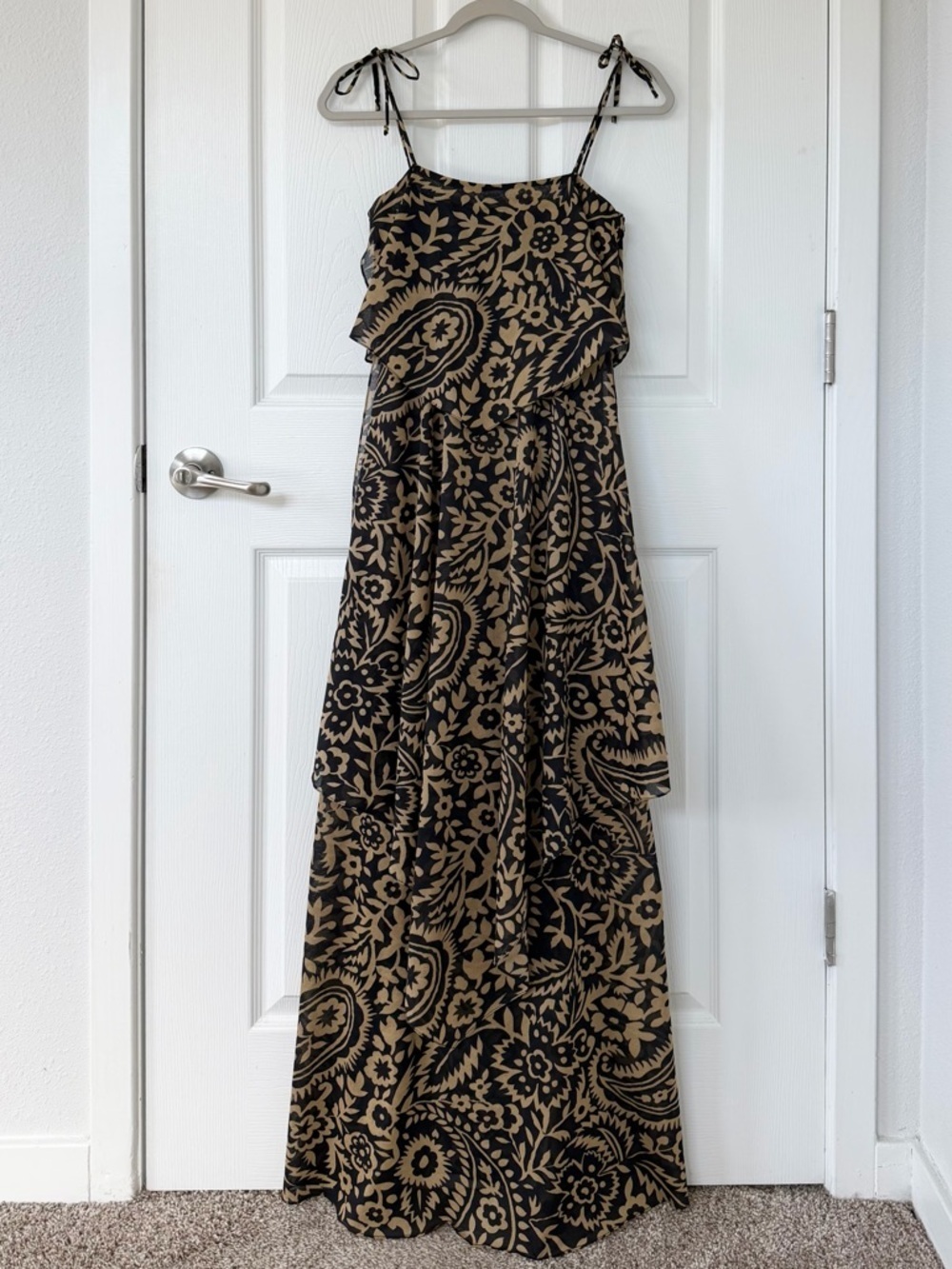 70’s Vintage Black & Tan Printed Tiered Maxi Handkerchief Dress with Tie Straps